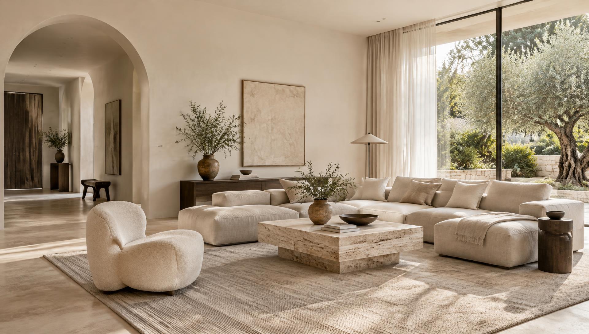 Sala de estar com sofá em linho, mesa de pedra natural e luz do jardim